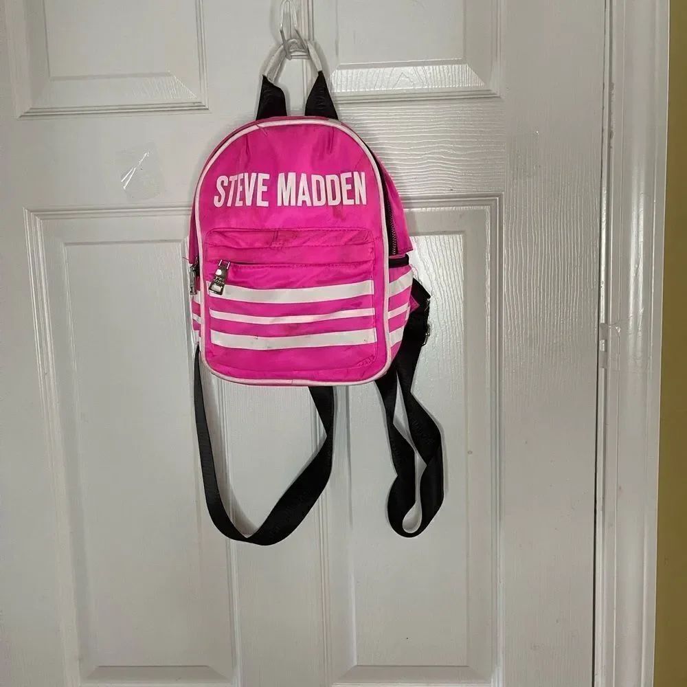 Steve Madden Nylon Hot pink and white mini backpack with black logo straps